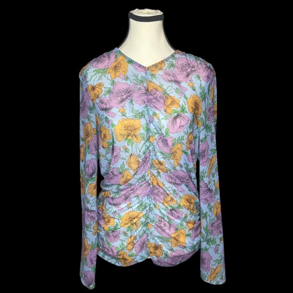 Veronica‎ Beard Myrna  Floral Ruched Blouse Top Womens 14  Sheer Feminine Garden